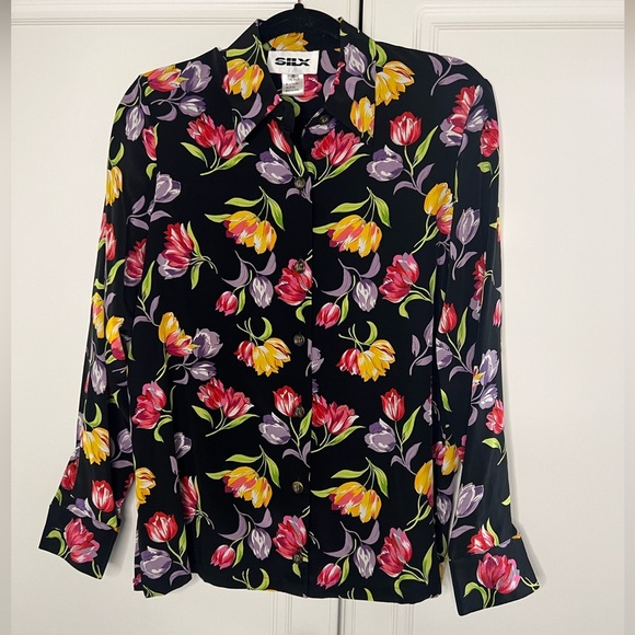 Vintage 100% Silk Tulip Floral Button Down - Picture 1 of 10